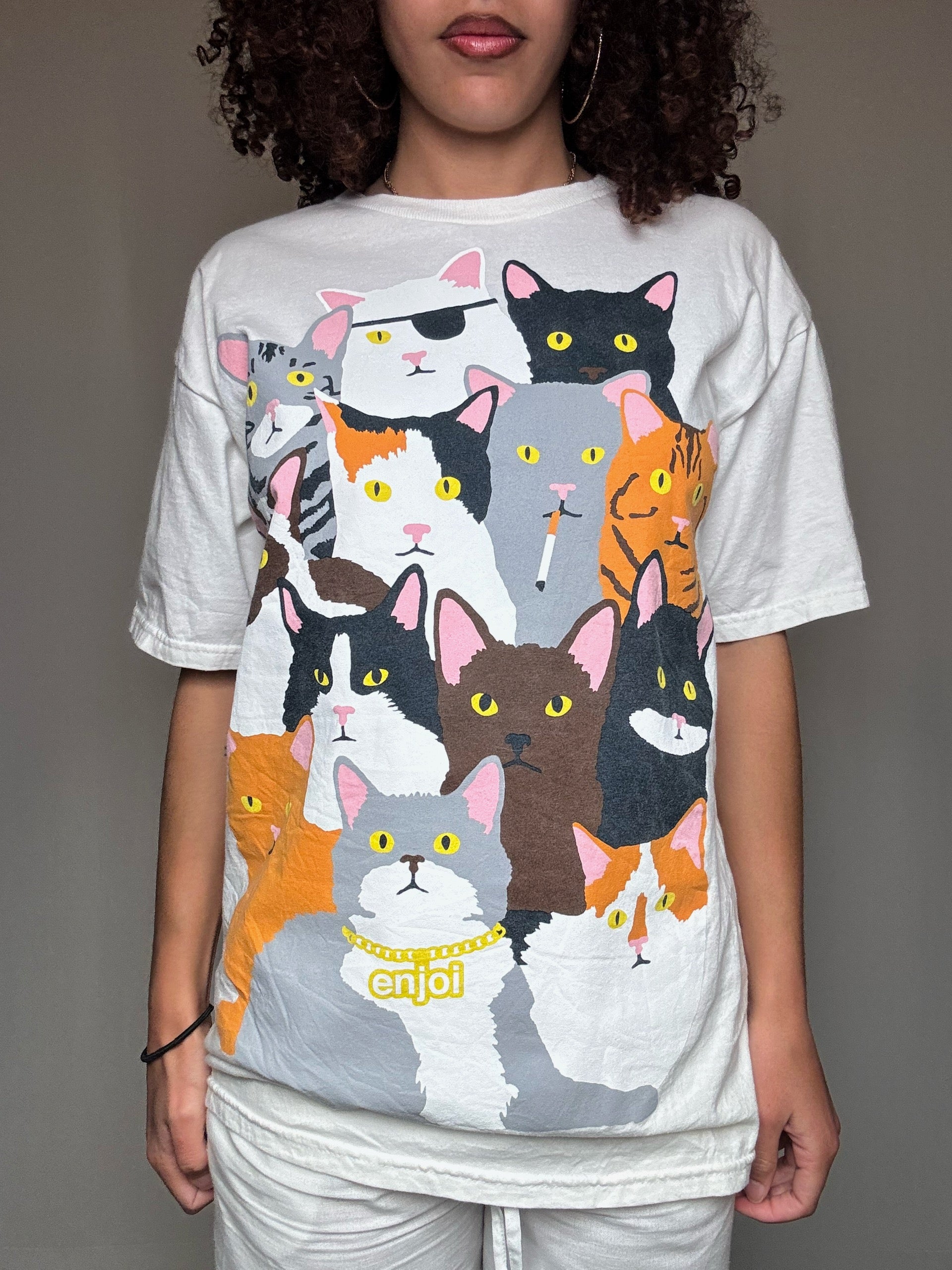Weißes Vintage-Multikatzen-T-Shirt Gr. M