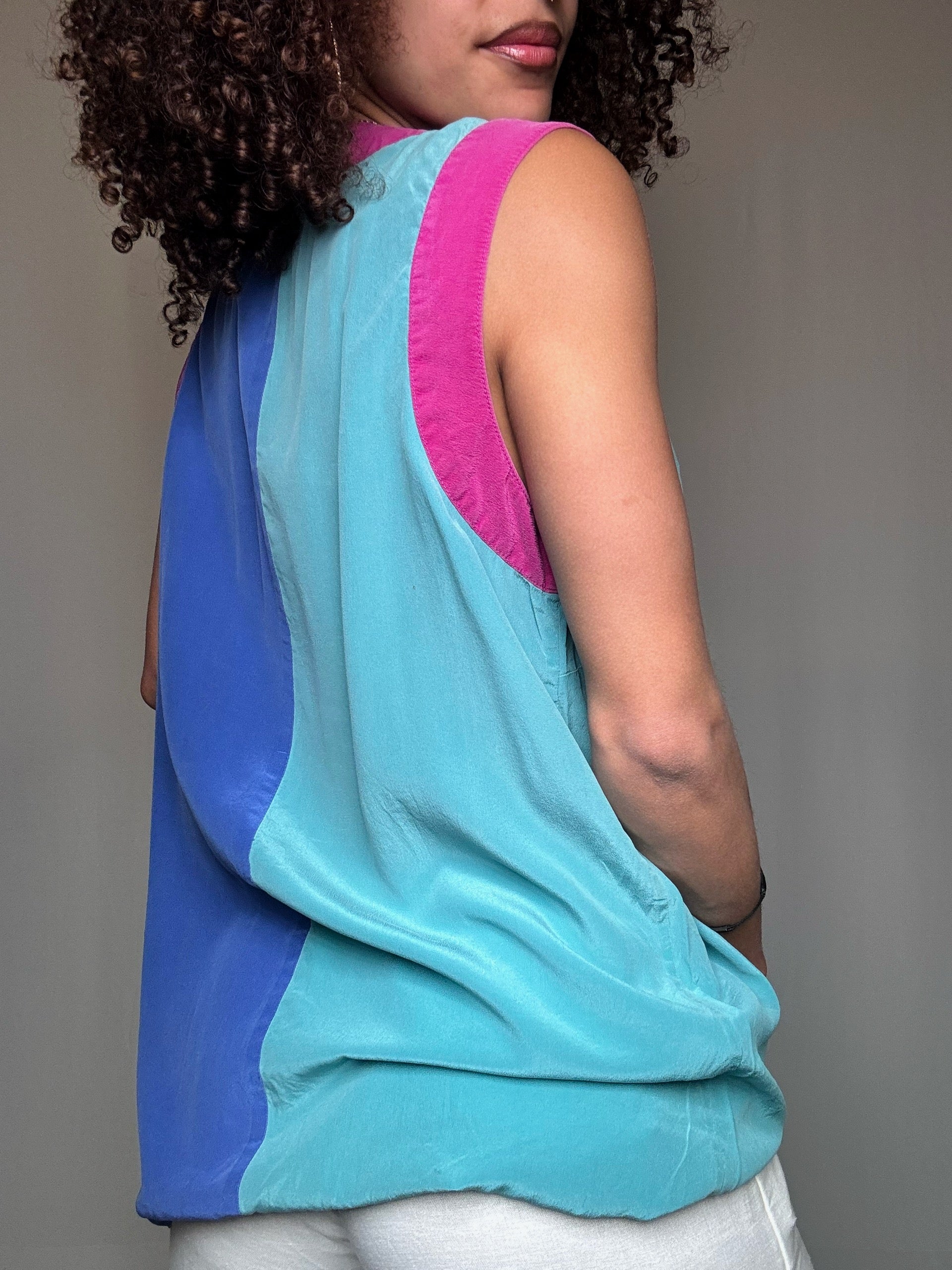 Chemisier colorblock en soie M/L vintage