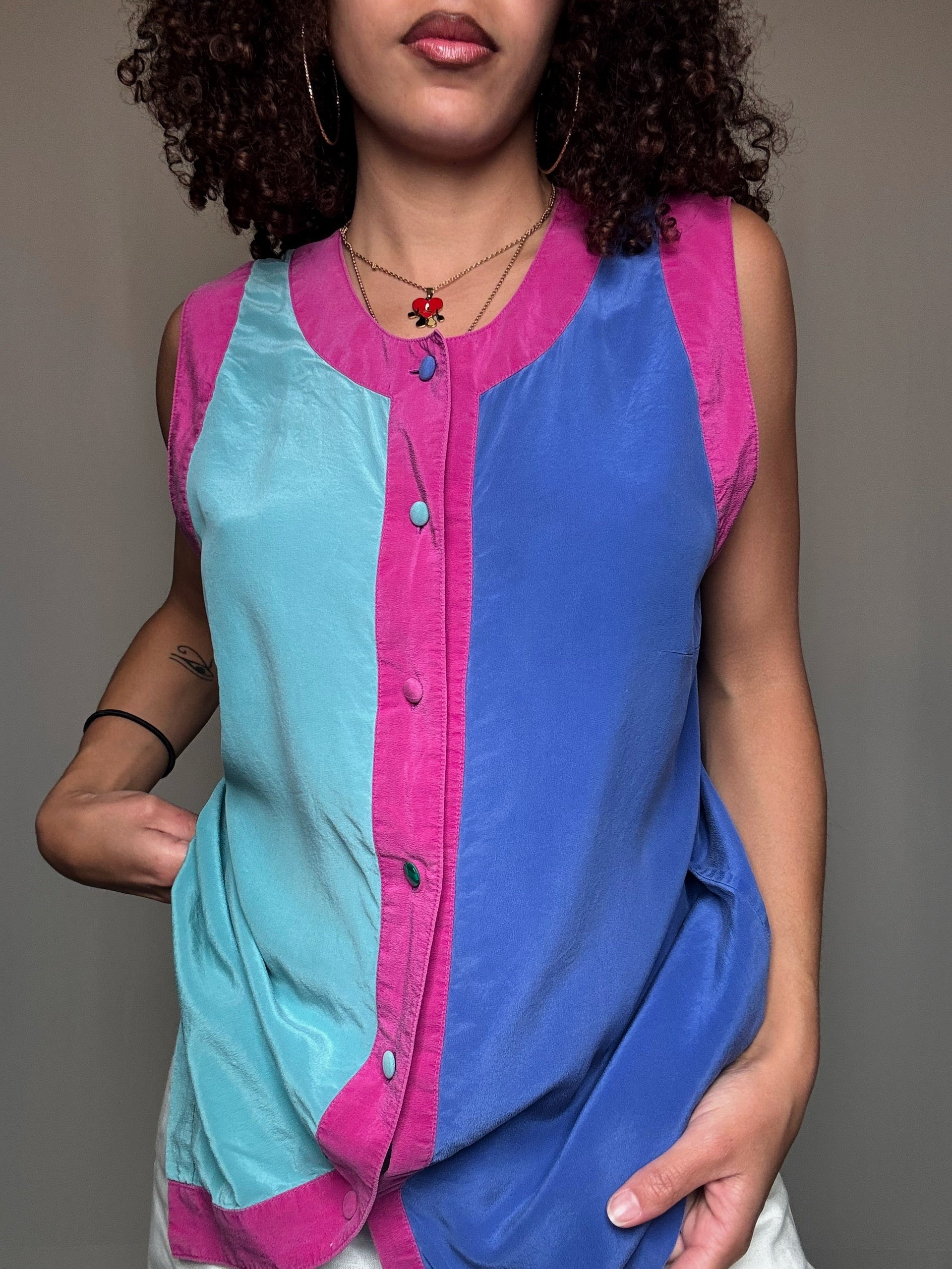 Chemisier colorblock en soie M/L vintage