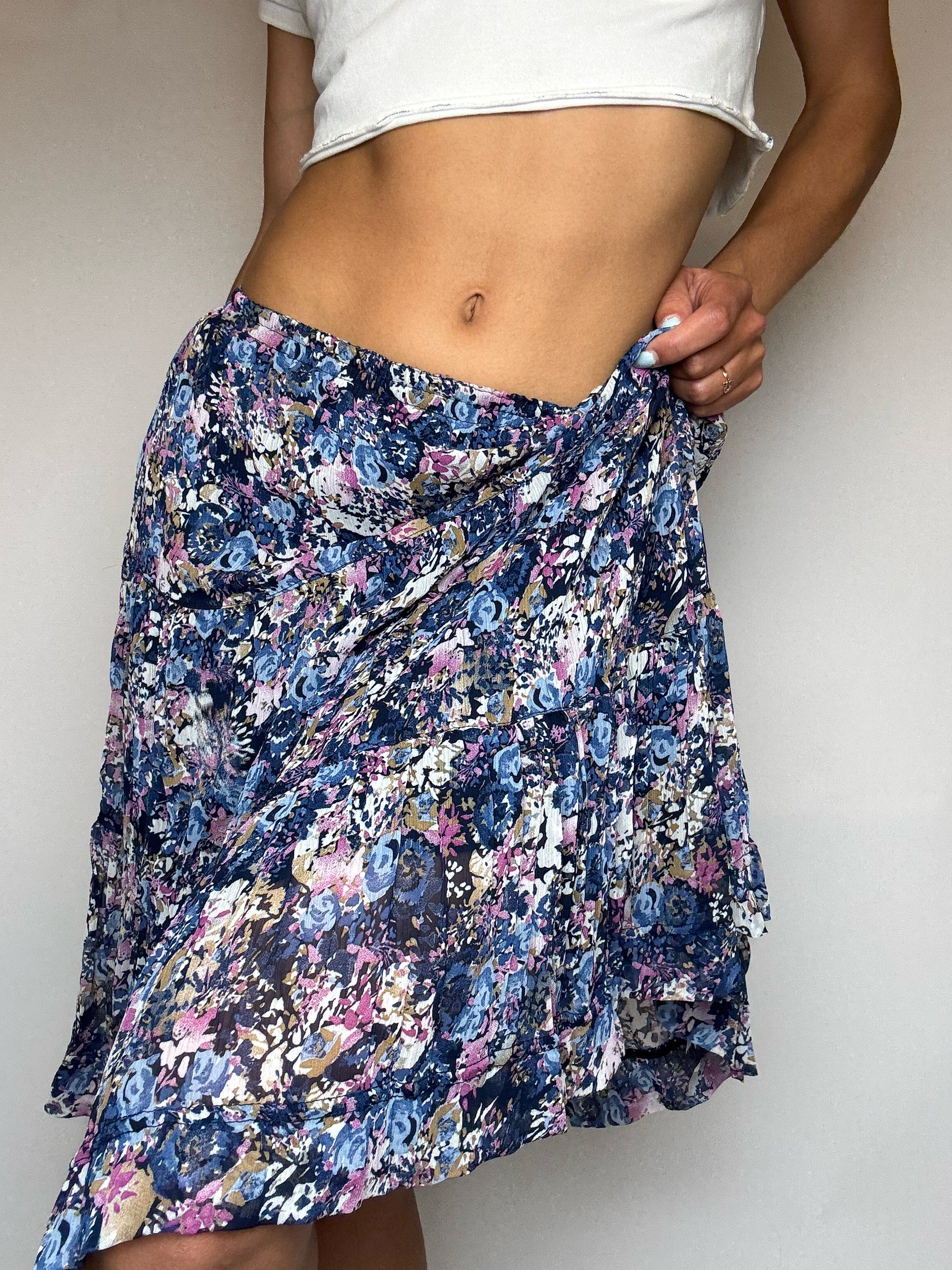 Vintage marineblauer fließender Rock mit Print, Größe M/L