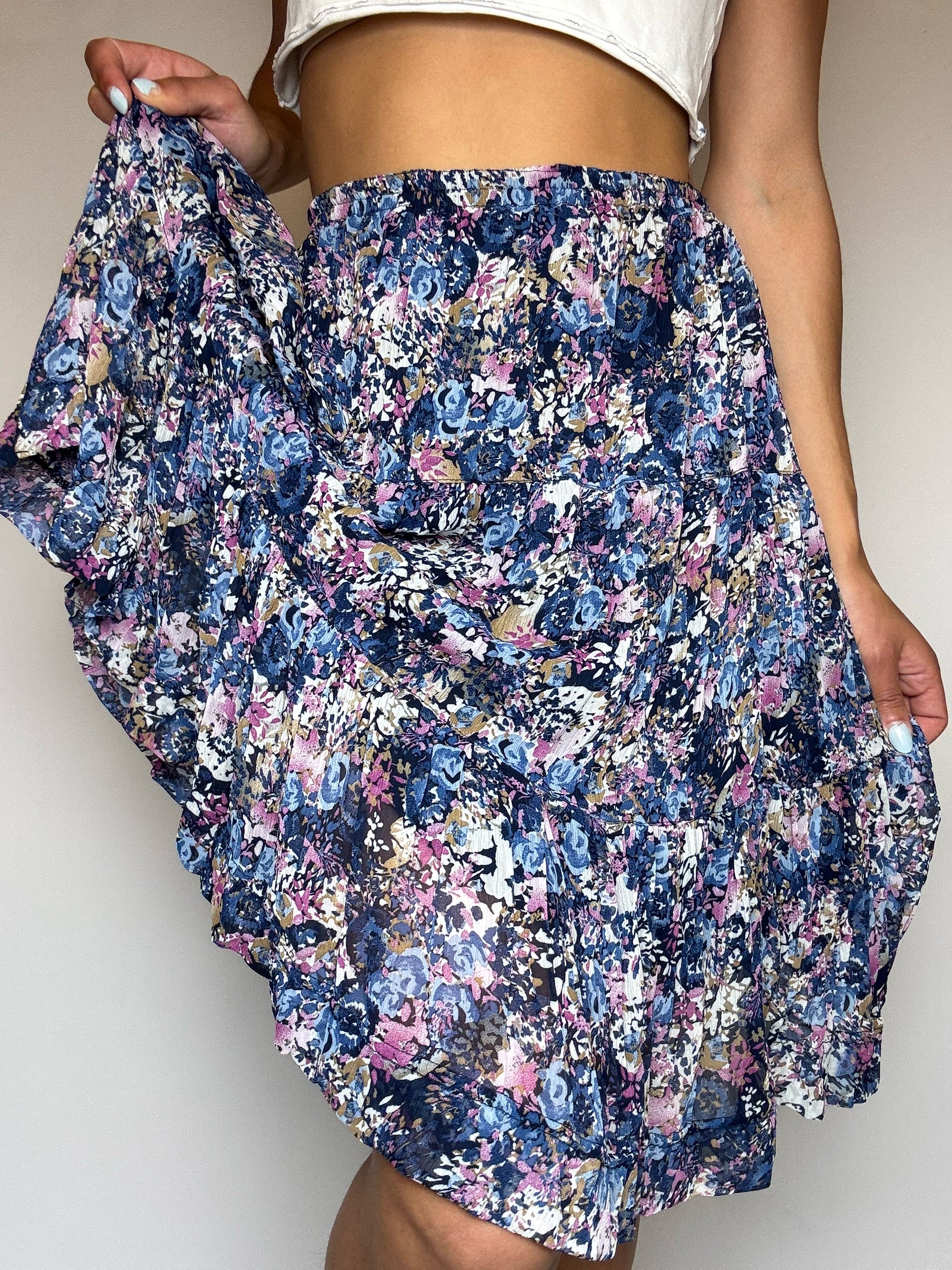 Vintage marineblauer fließender Rock mit Print, Größe M/L