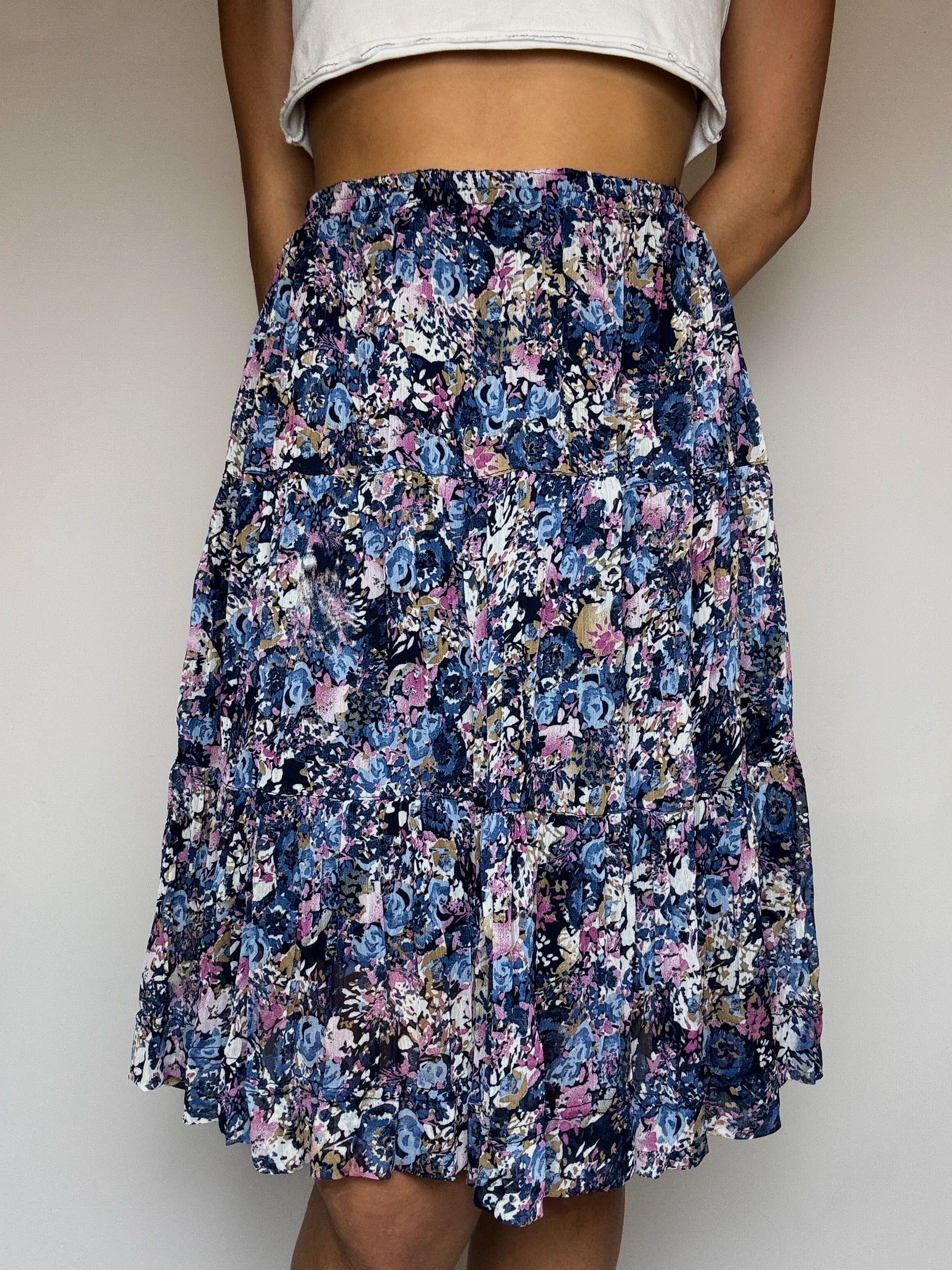 Vintage marineblauer fließender Rock mit Print, Größe M/L