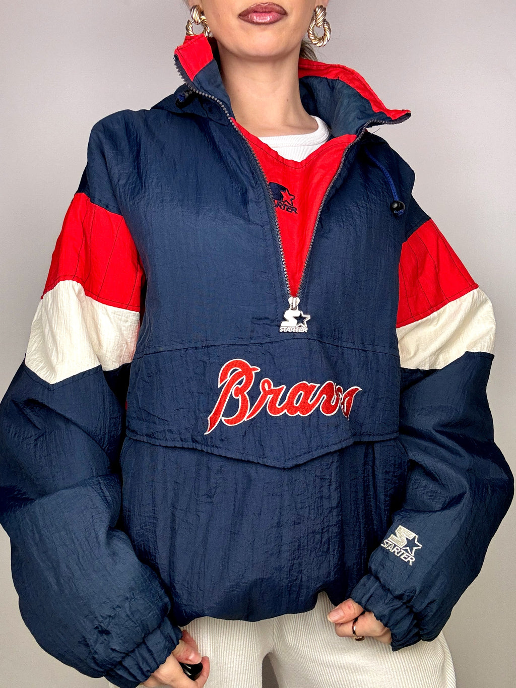 STARTER marineblaue und rote XL Vintage amerikanische Daunenjacke