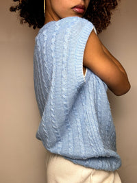Vintage blaue Strickweste mit Zopfmuster, Größe M/L