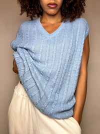 Vintage blaue Strickweste mit Zopfmuster, Größe M/L
