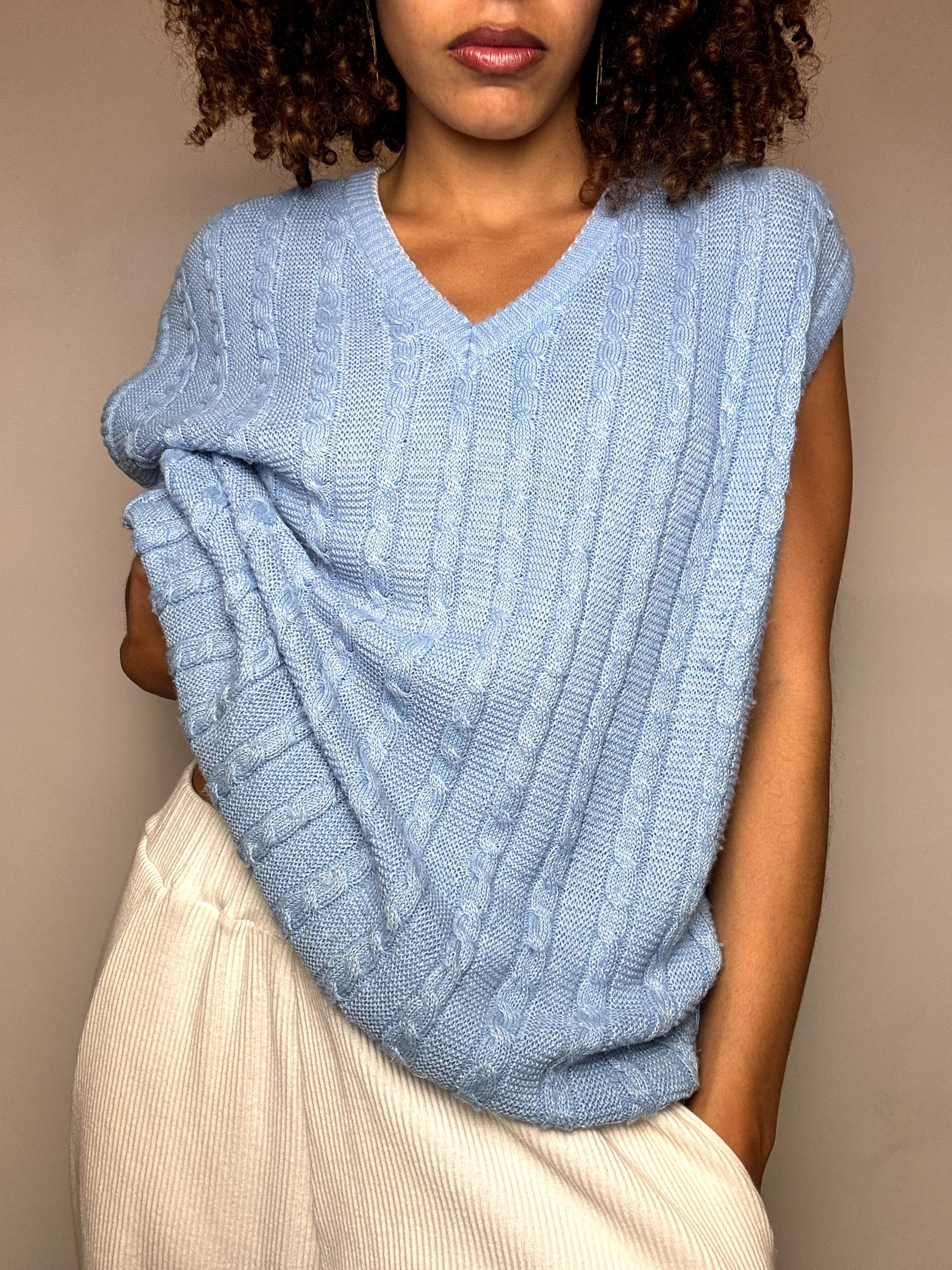 Vintage blaue Strickweste mit Zopfmuster, Größe M/L