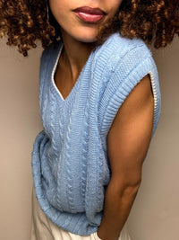 Vintage blaue Strickweste mit Zopfmuster, Größe M/L