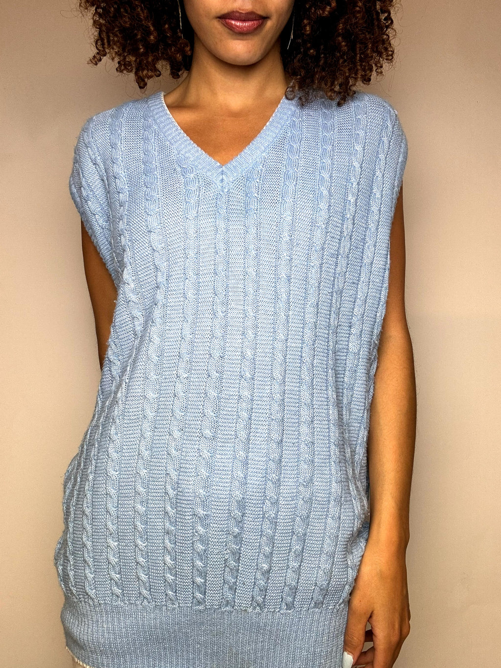 Vintage blaue Strickweste mit Zopfmuster, Größe M/L