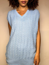Vintage blaue Strickweste mit Zopfmuster, Größe M/L
