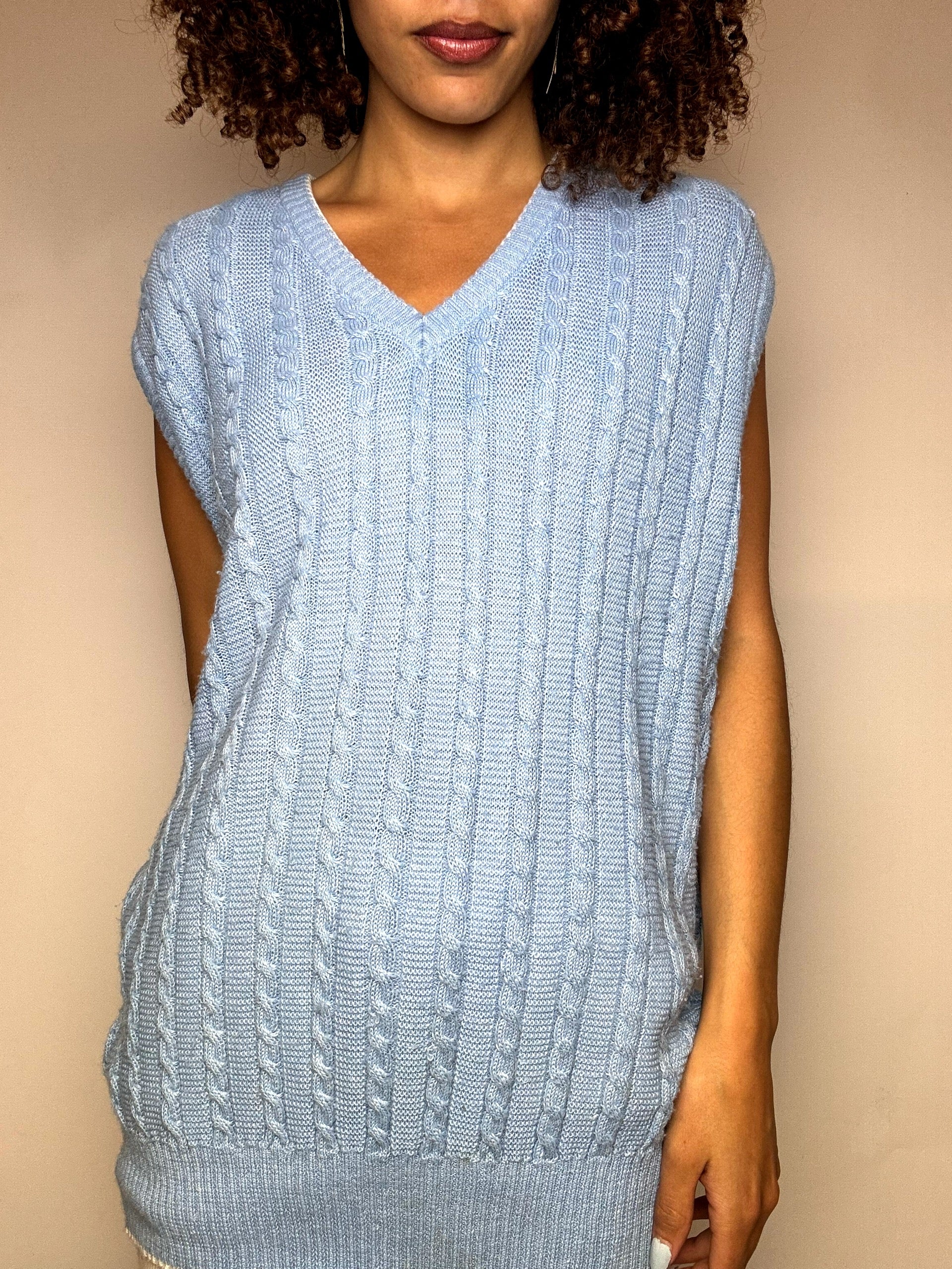 Vintage blaue Strickweste mit Zopfmuster, Größe M/L