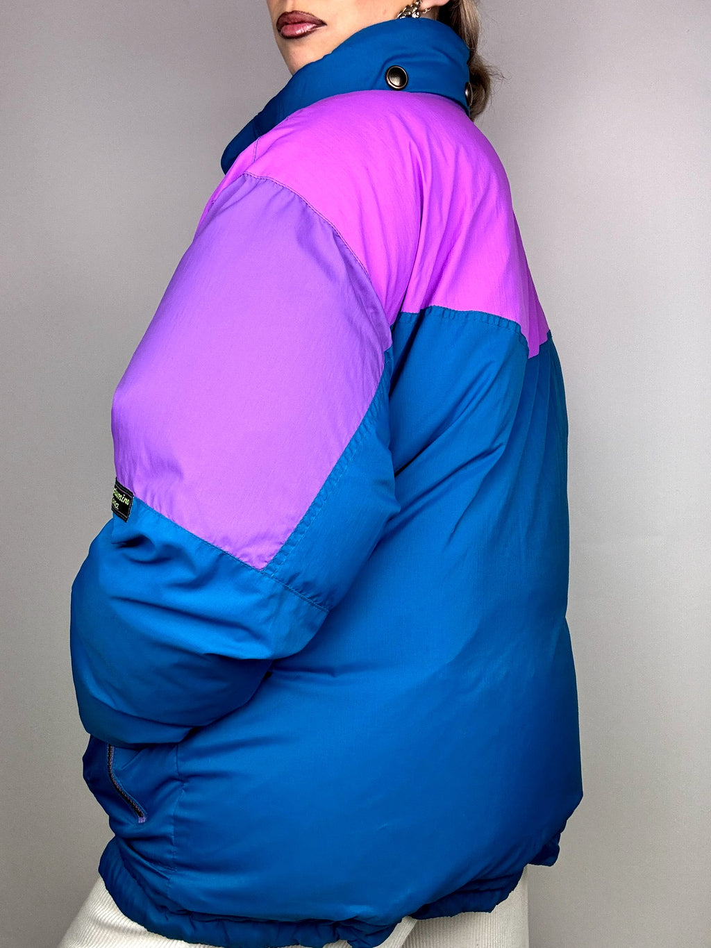 Vintage L blau und lila puffige Daunenjacke