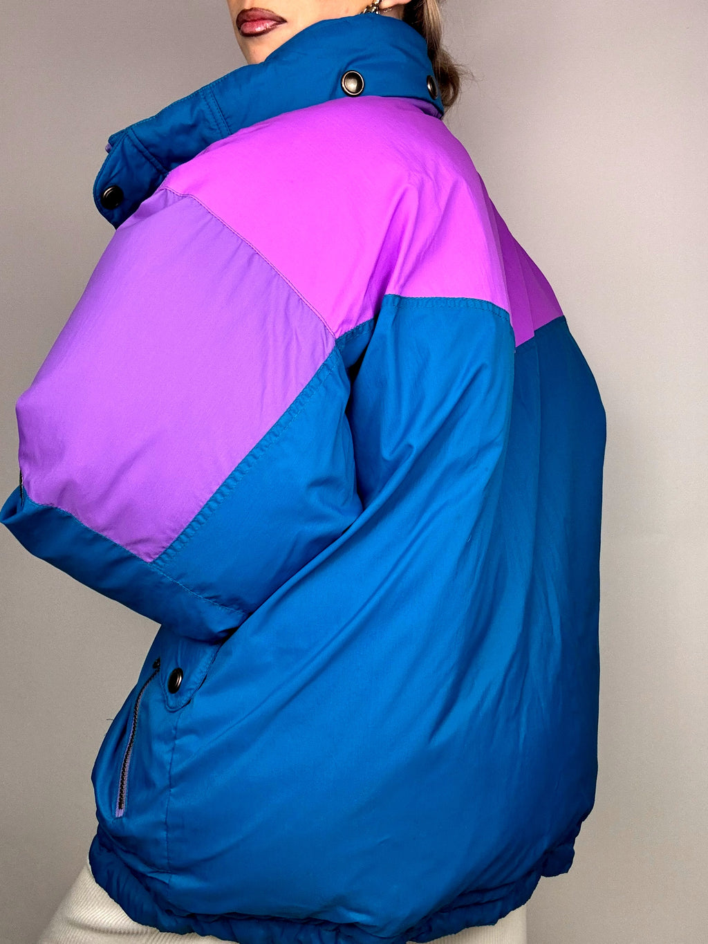 Vintage L blau und lila puffige Daunenjacke