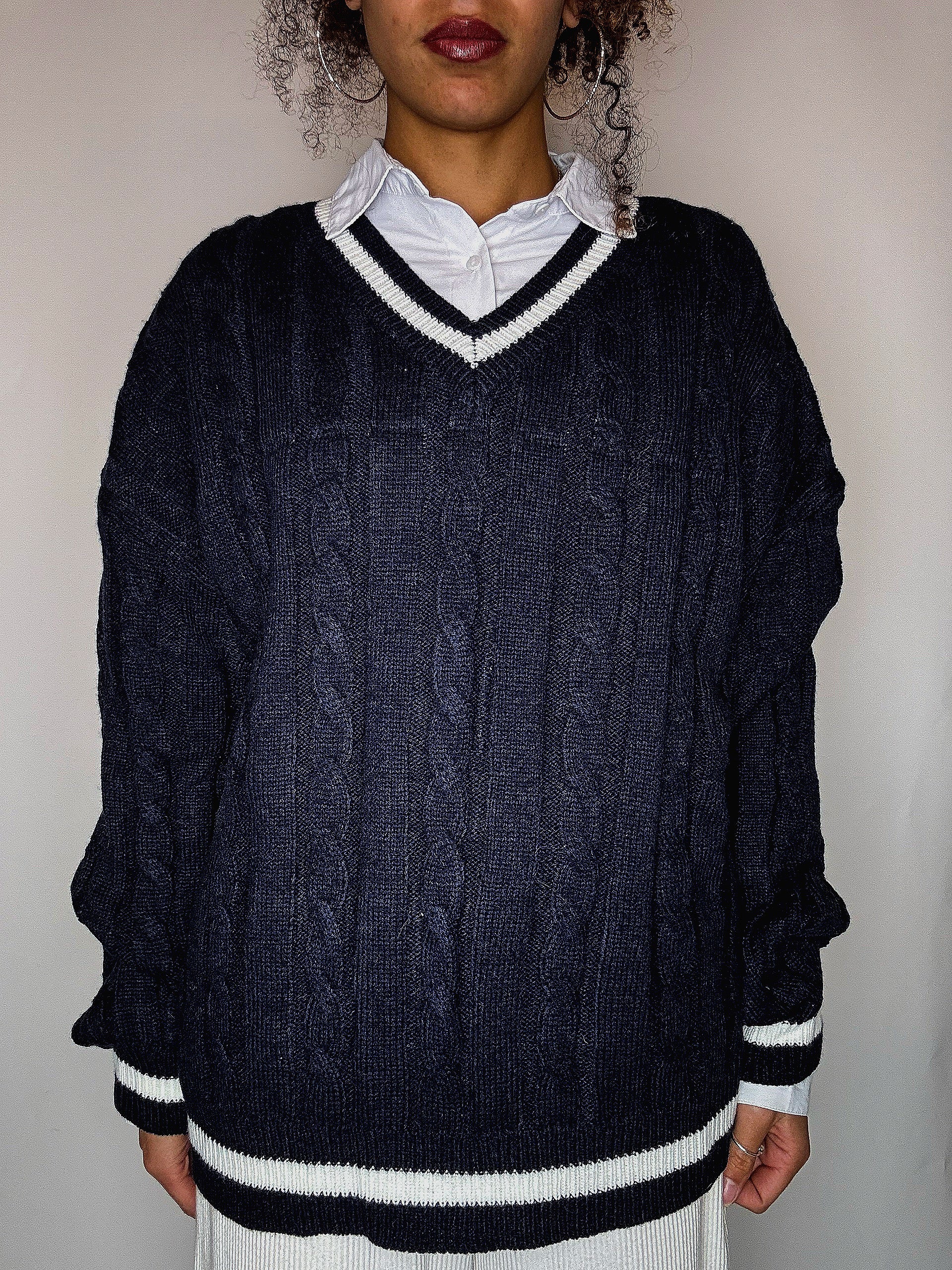 Pull cricket en maille marine L vintage