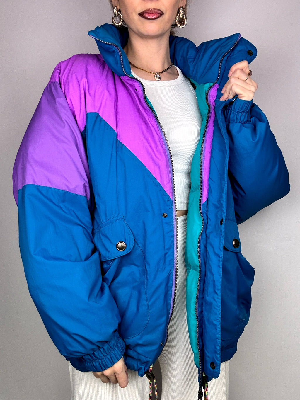 Vintage L blau und lila puffige Daunenjacke