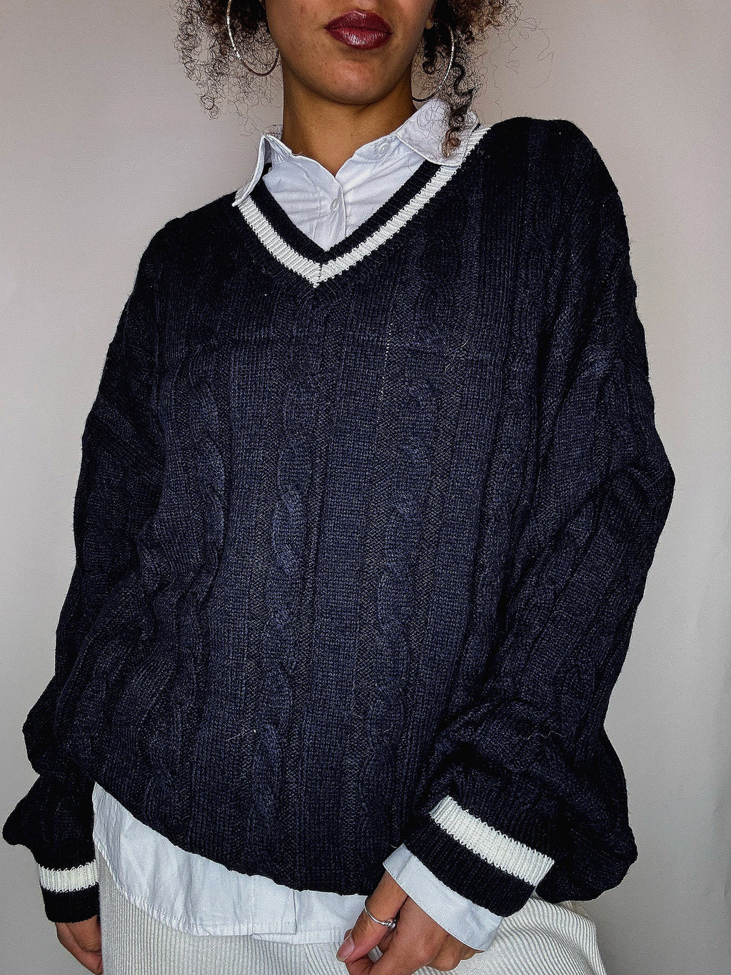 Pull cricket en maille marine L vintage