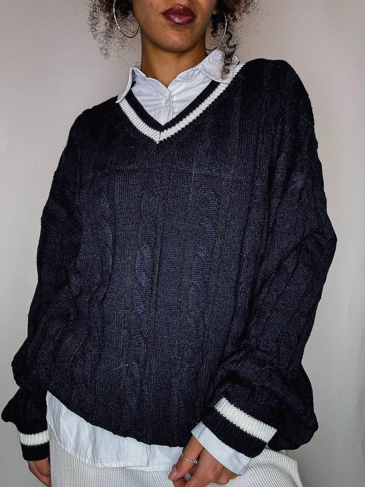 Pull cricket en maille marine L vintage