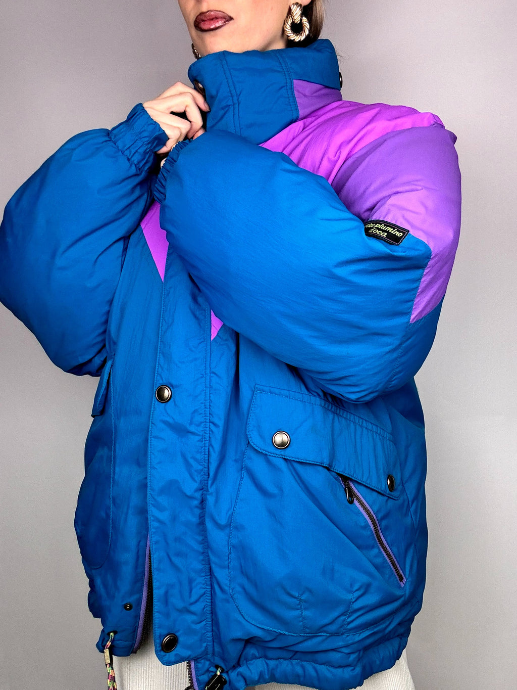 Vintage L blau und lila puffige Daunenjacke