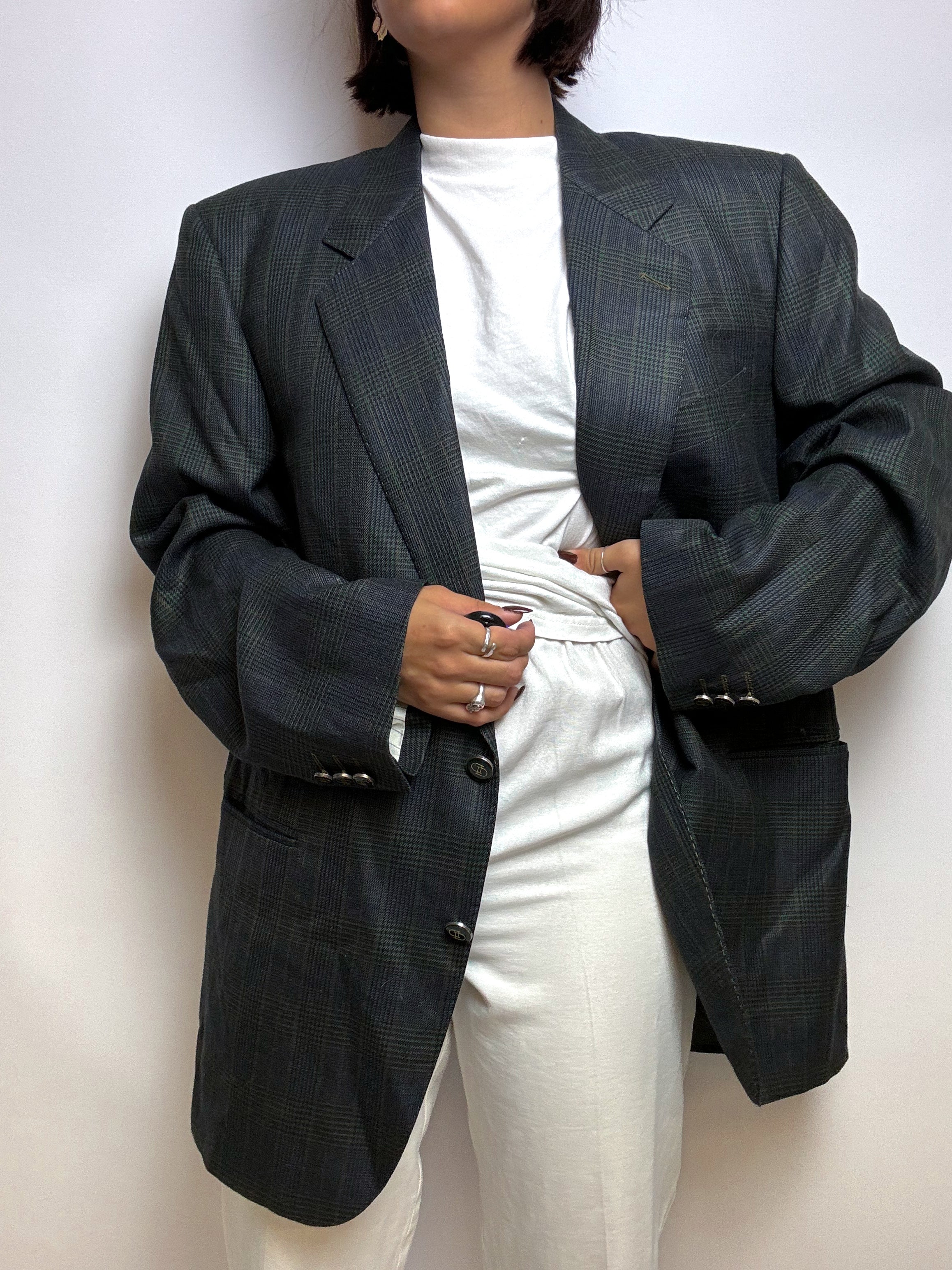 Blazer en laine à carreaux vintage bleu foncé L