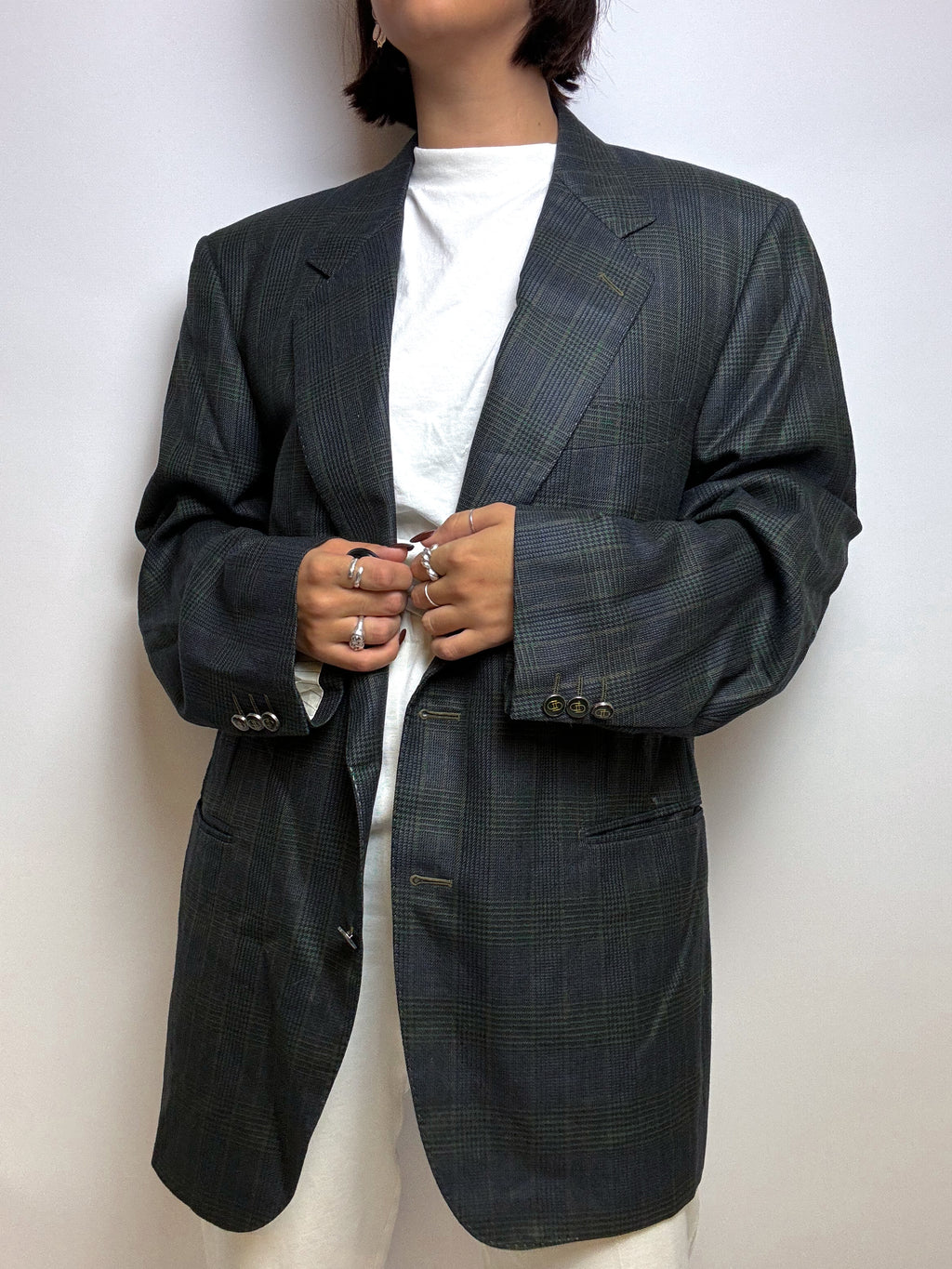 Dark blue vintage checked wool blazer L