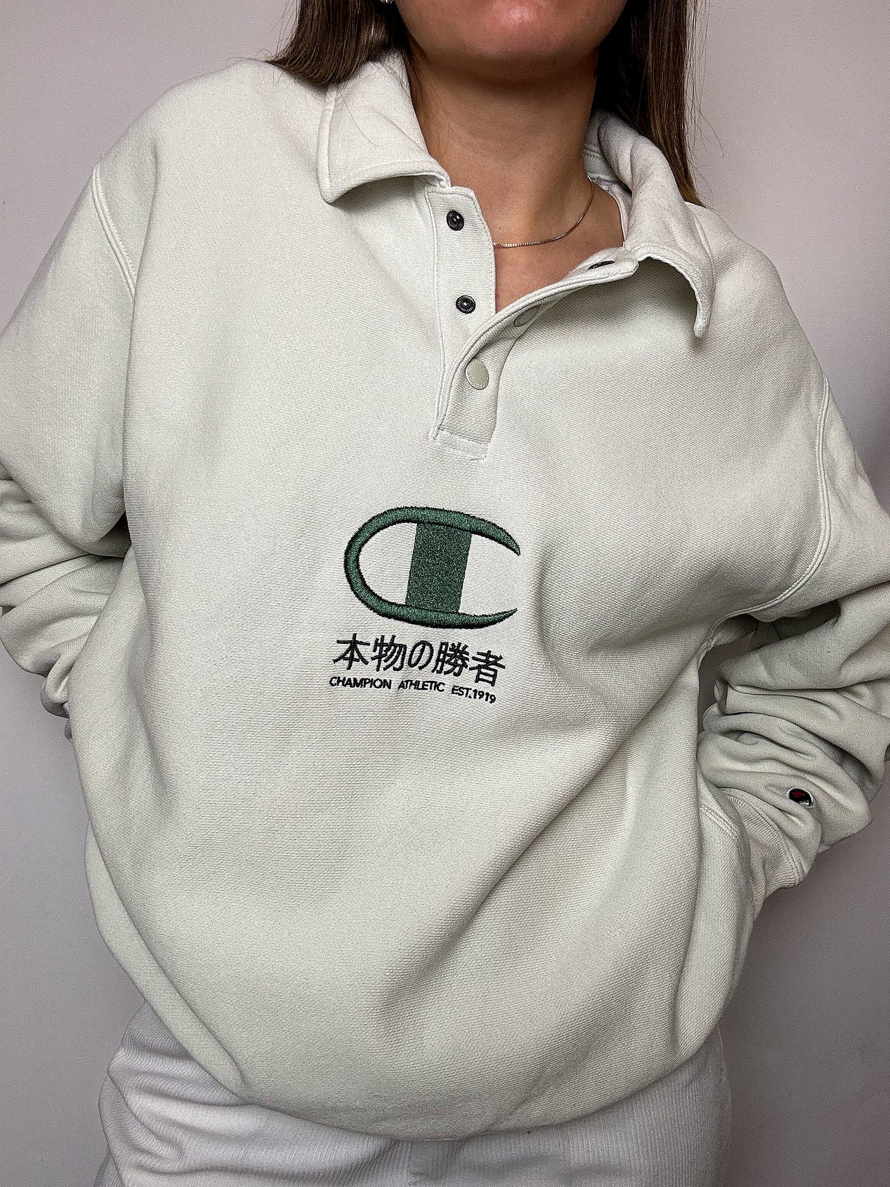 Sweat col chemise vert d'eau CHAMPION M vintage