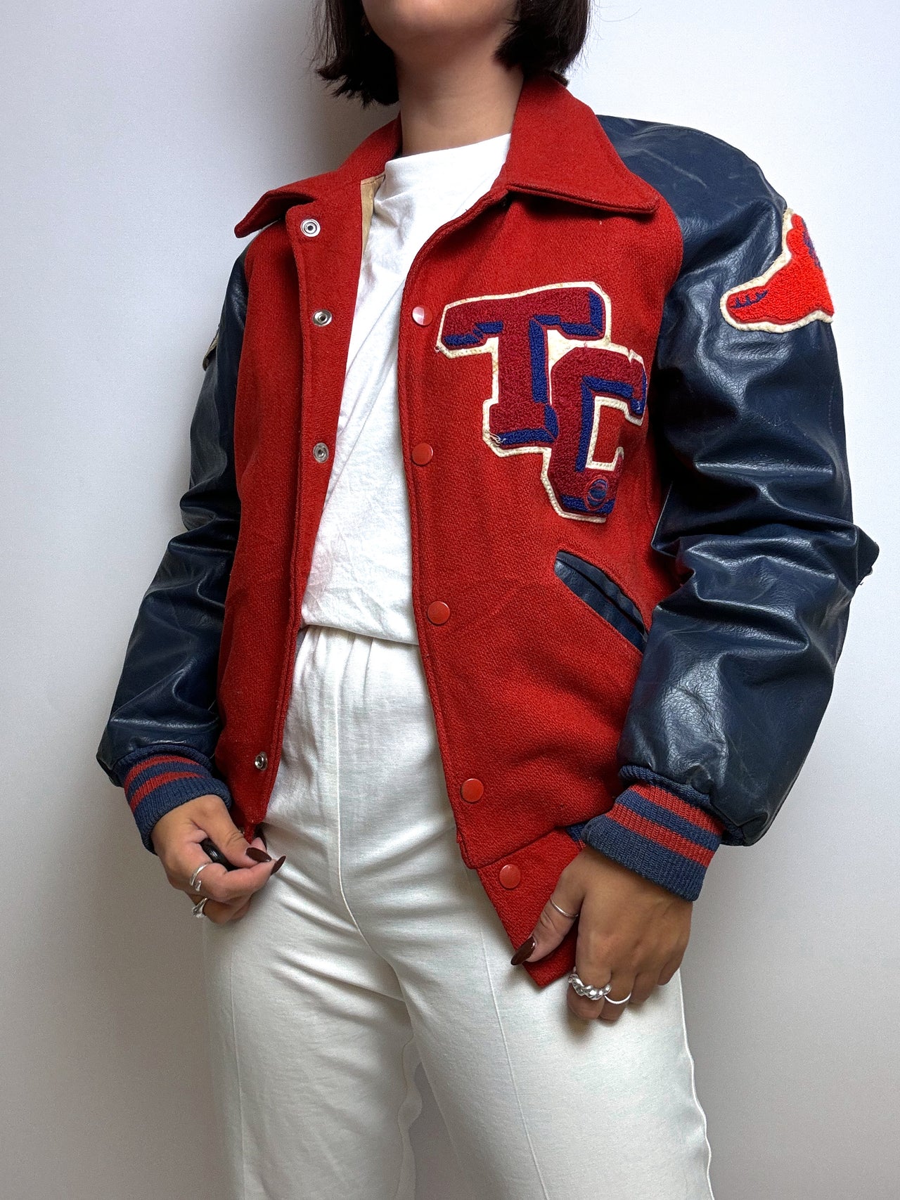 American Bomber Jacket in Red and Blue Leather and Wool S