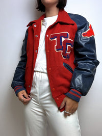 Veste Bomber américain cuir et laine rouge et bleu S