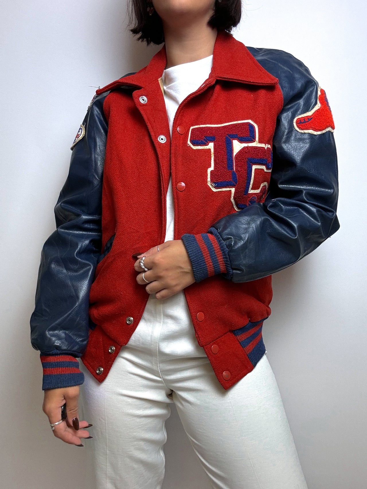 American Bomber Jacket in Red and Blue Leather and Wool S