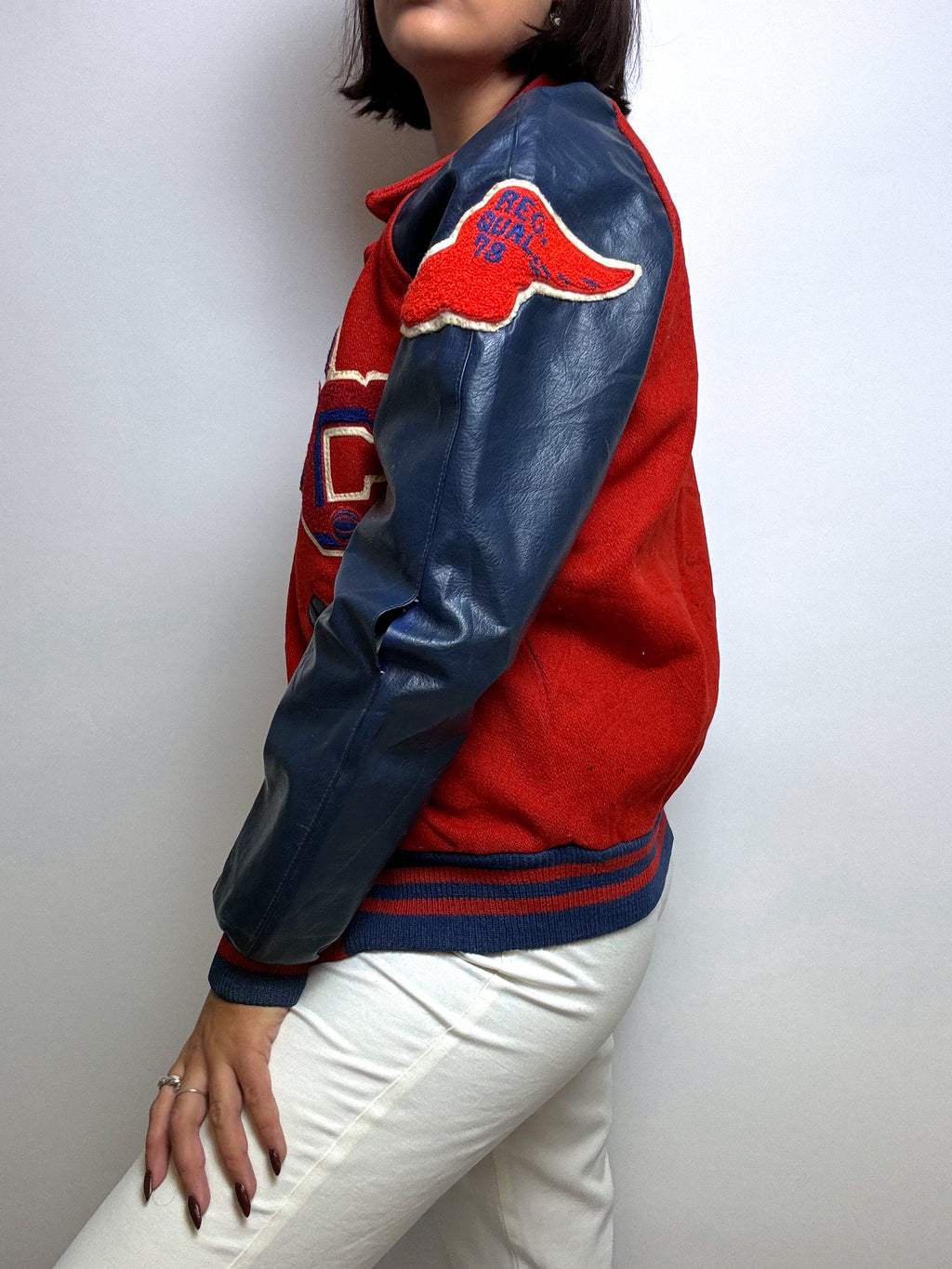 Veste Bomber américain cuir et laine rouge et bleu S