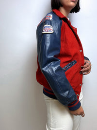 Veste Bomber américain cuir et laine rouge et bleu S