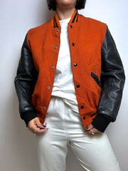 American orange and black leather and wool bomber S/M