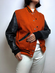 Veste Bomber américain cuir et laine orange et noir S/M