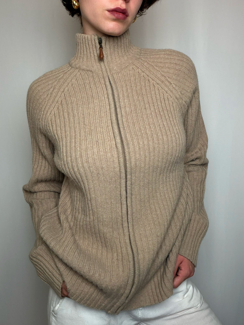 Cardigan à zip en laine Beige L vintage
