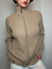 Cardigan à zip en laine Beige L vintage