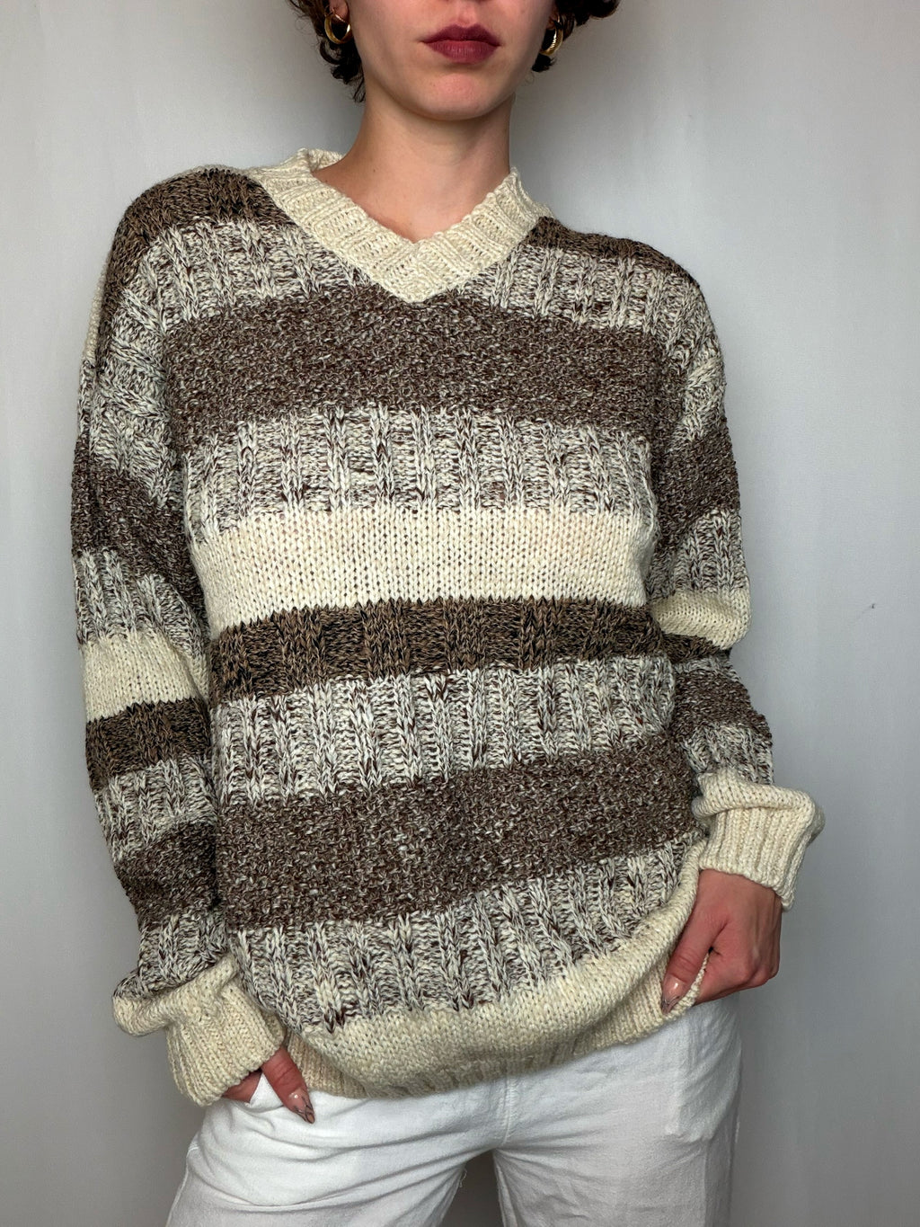 Pull Rayé Écru Et Brun L vintage
