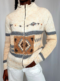 Cardigan à zip ecru à motifs S/M vintage