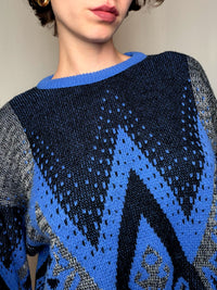 Pull à motifs noir et bleu L vintage