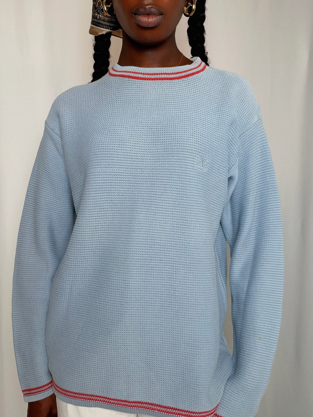 Pull bleu ciel avec détails rouges Timberland M vintage