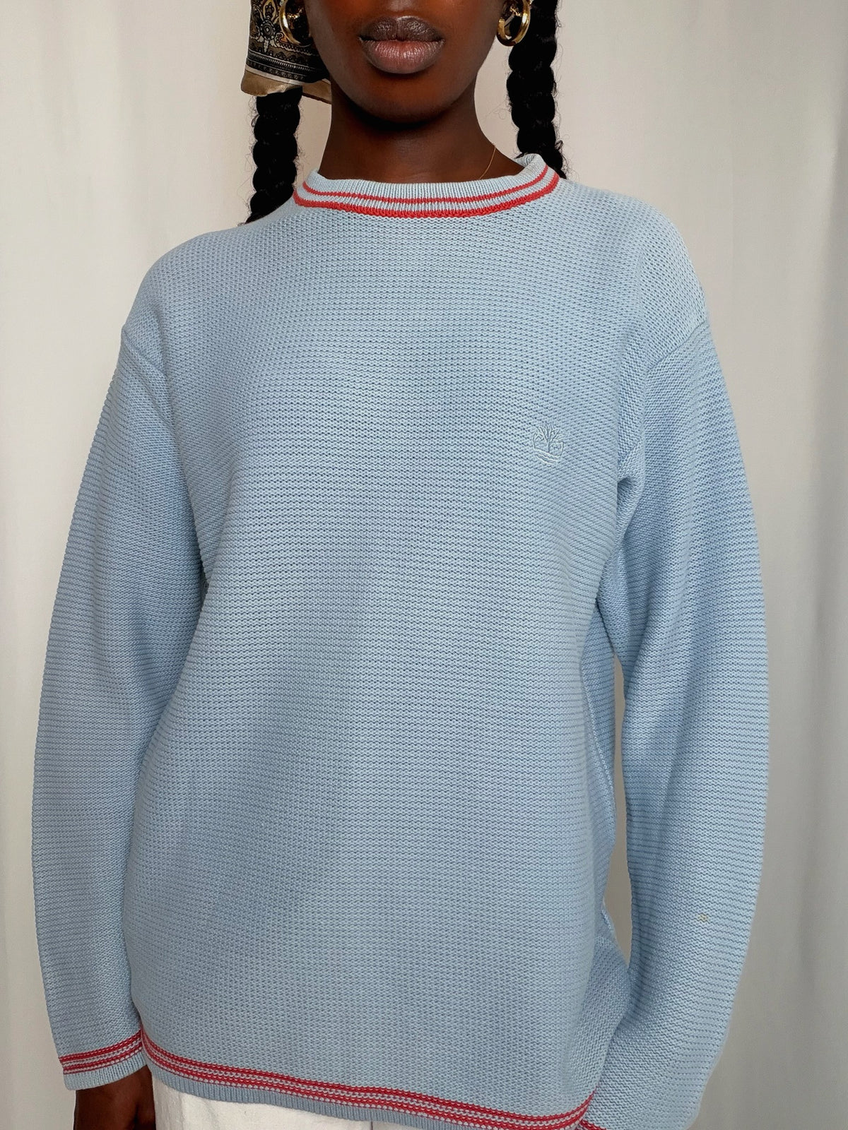 Pull bleu ciel avec détails rouges Timberland M vintage