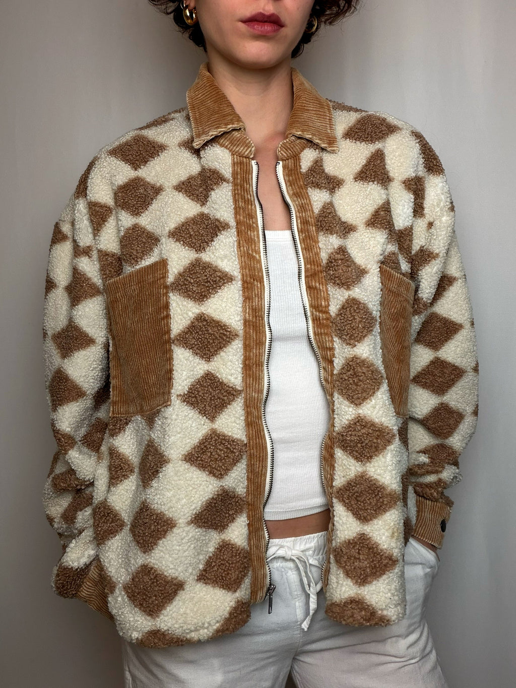 Veste en polaire ecru et brune M vintage