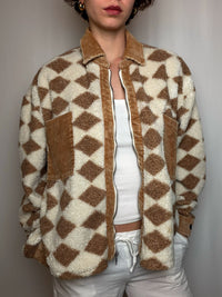 Veste en polaire ecru et brune M vintage