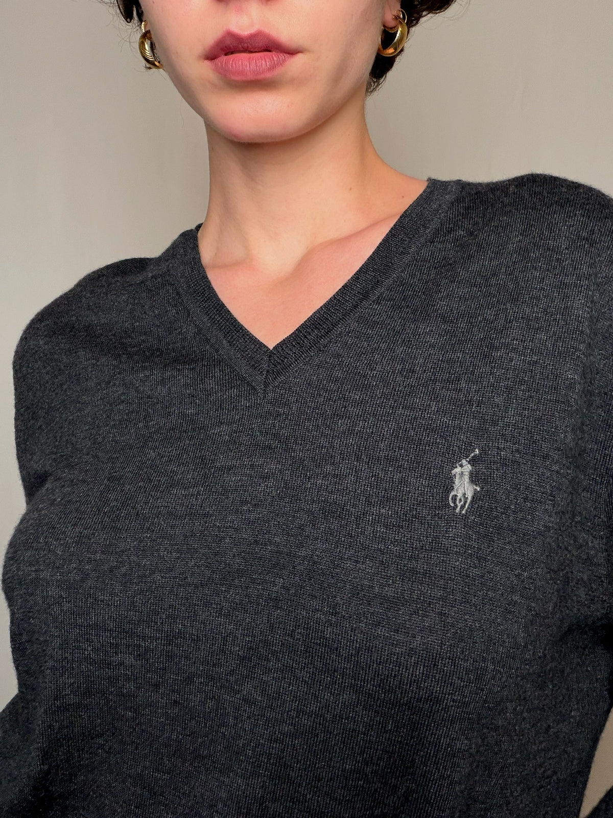 Pull en laine merino gris Ralph Lauren L vintage
