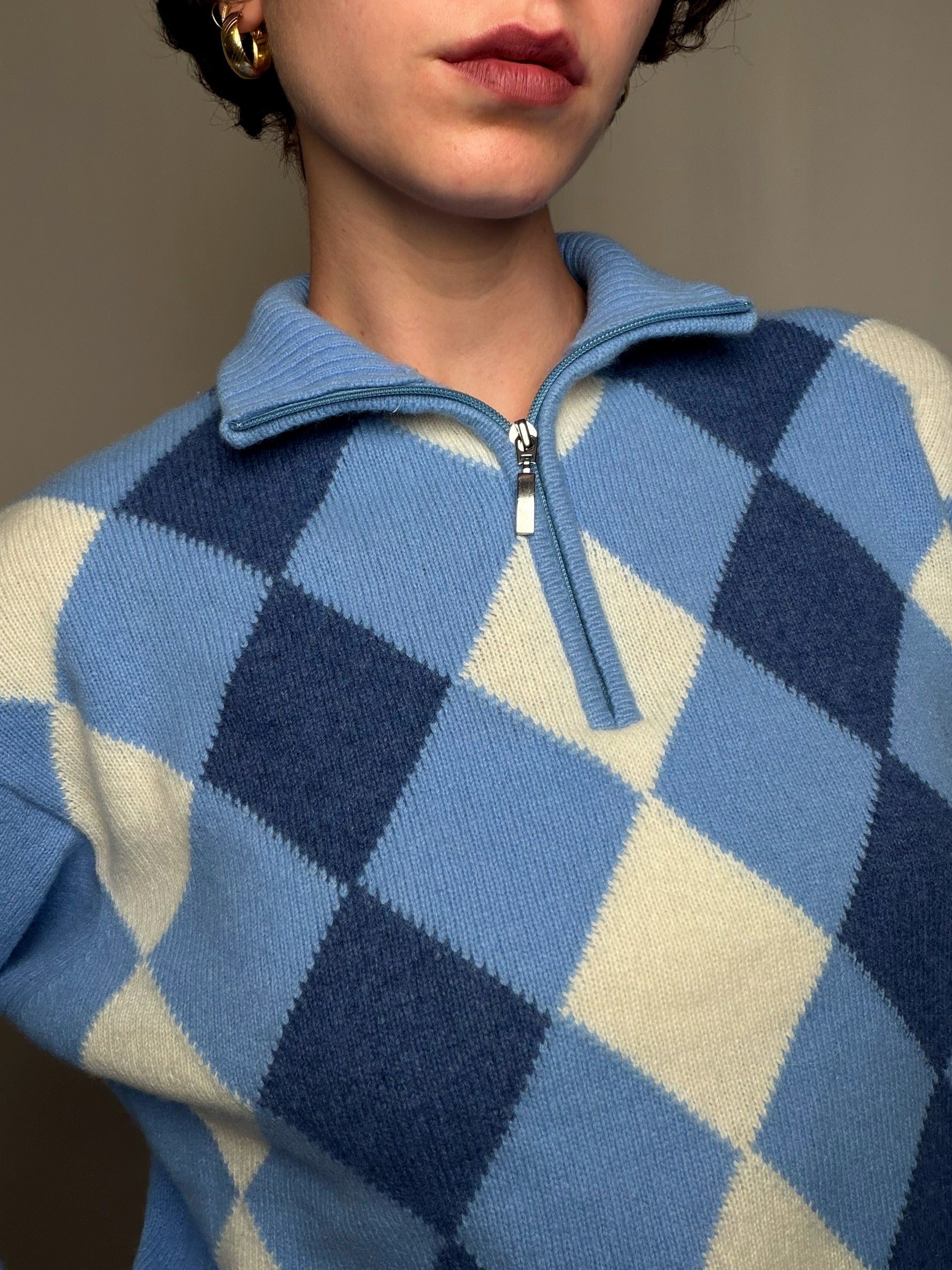 Pull camioneur à carreaux bleu L vintage