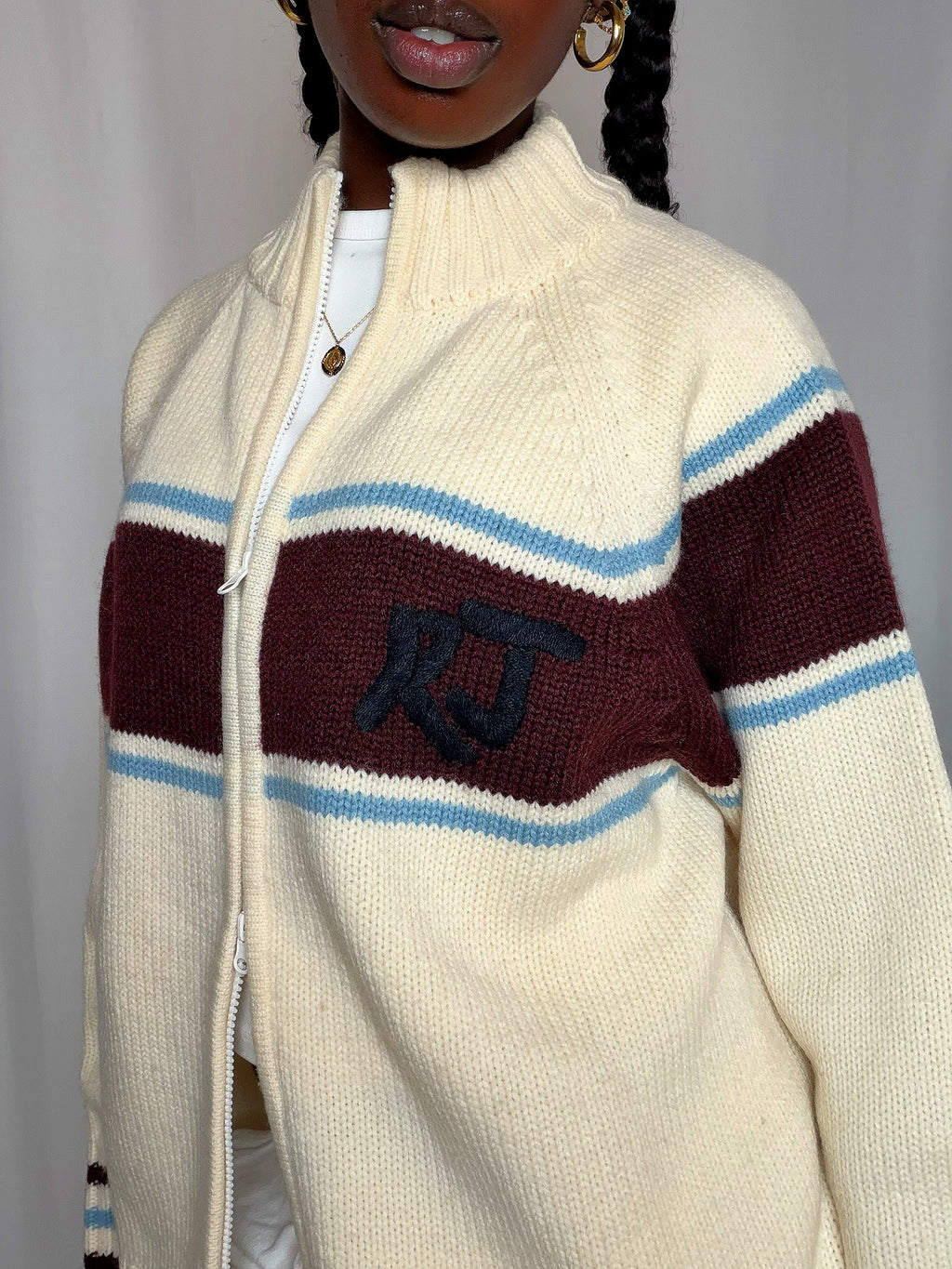 Cardigan à zip Ecru bordeaux et bleu Rifle XL vintage