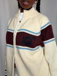 Cardigan à zip Ecru bordeaux et bleu Rifle XL vintage