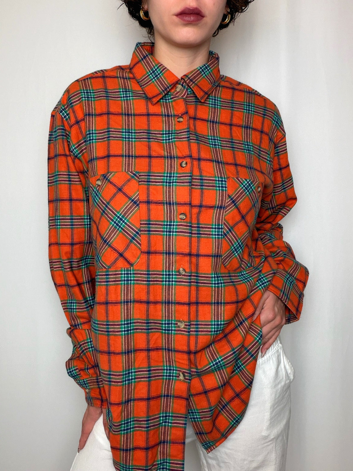 Chemise en flannelle orange à carreaux M vintage