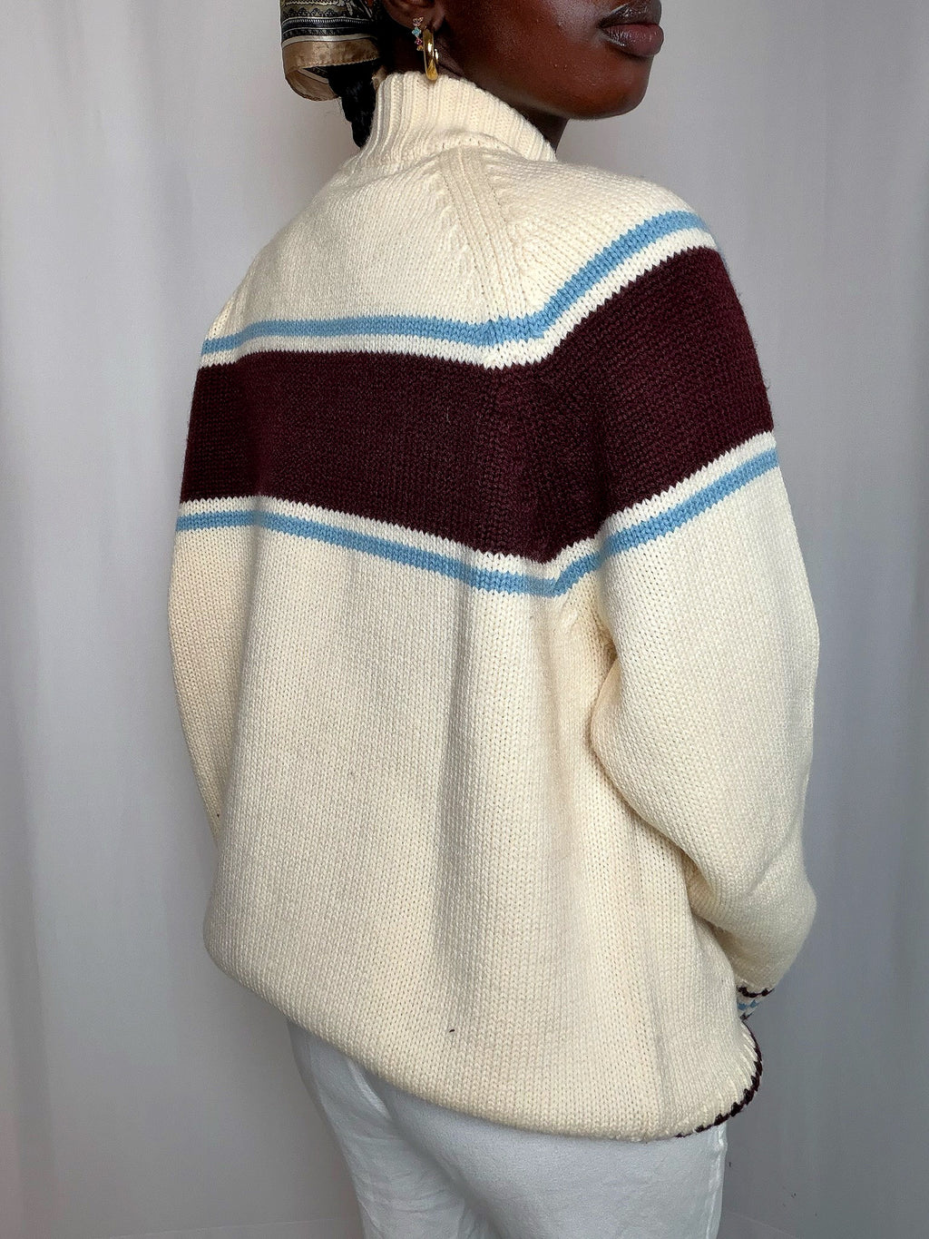 Cardigan à zip Ecru bordeaux et bleu Rifle XL vintage