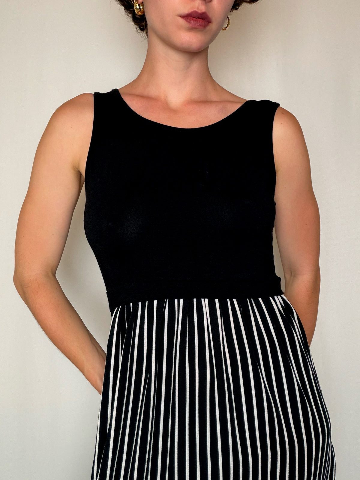 Robe longue bi matiere Noire rayée M/L vintage