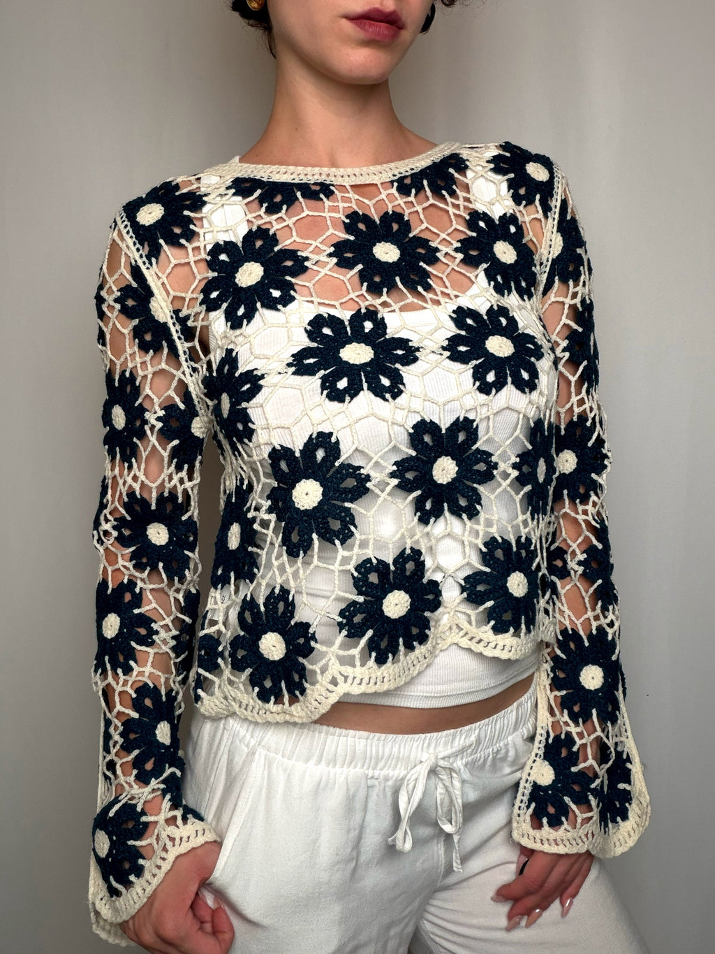 Top en crochet Noir Et Écru S/M vintage