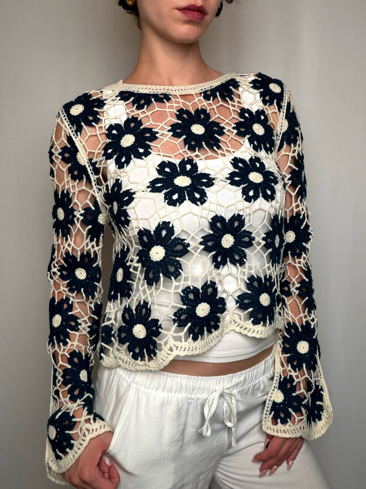 Top en crochet Noir Et Écru S/M vintage