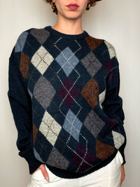Pull bleu marine à motifs argyle vintage